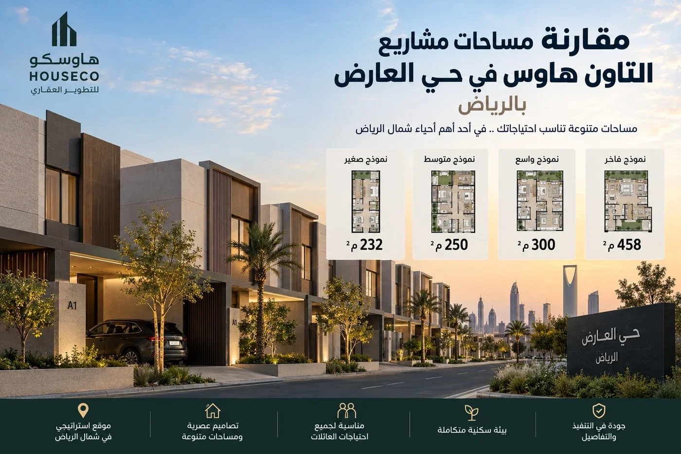 مقارنة مساحات التاون هاوس في حي العارض بالرياض